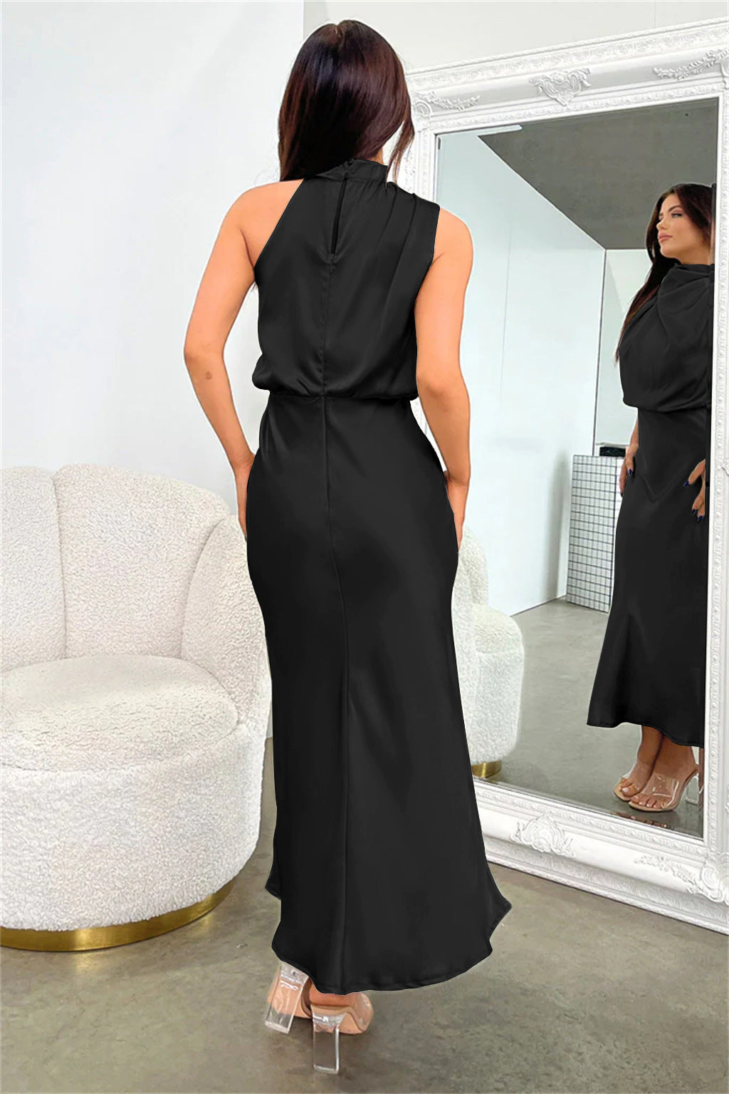 Vanessa Effortless Long Satin Dress with American Neckline Designer Edit