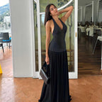 Personality Polka Dot Self Tie Halter V neck Backless Dress