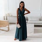 Anita Chic Women's Solid V Neck Long Dress Statement Occasion Edit