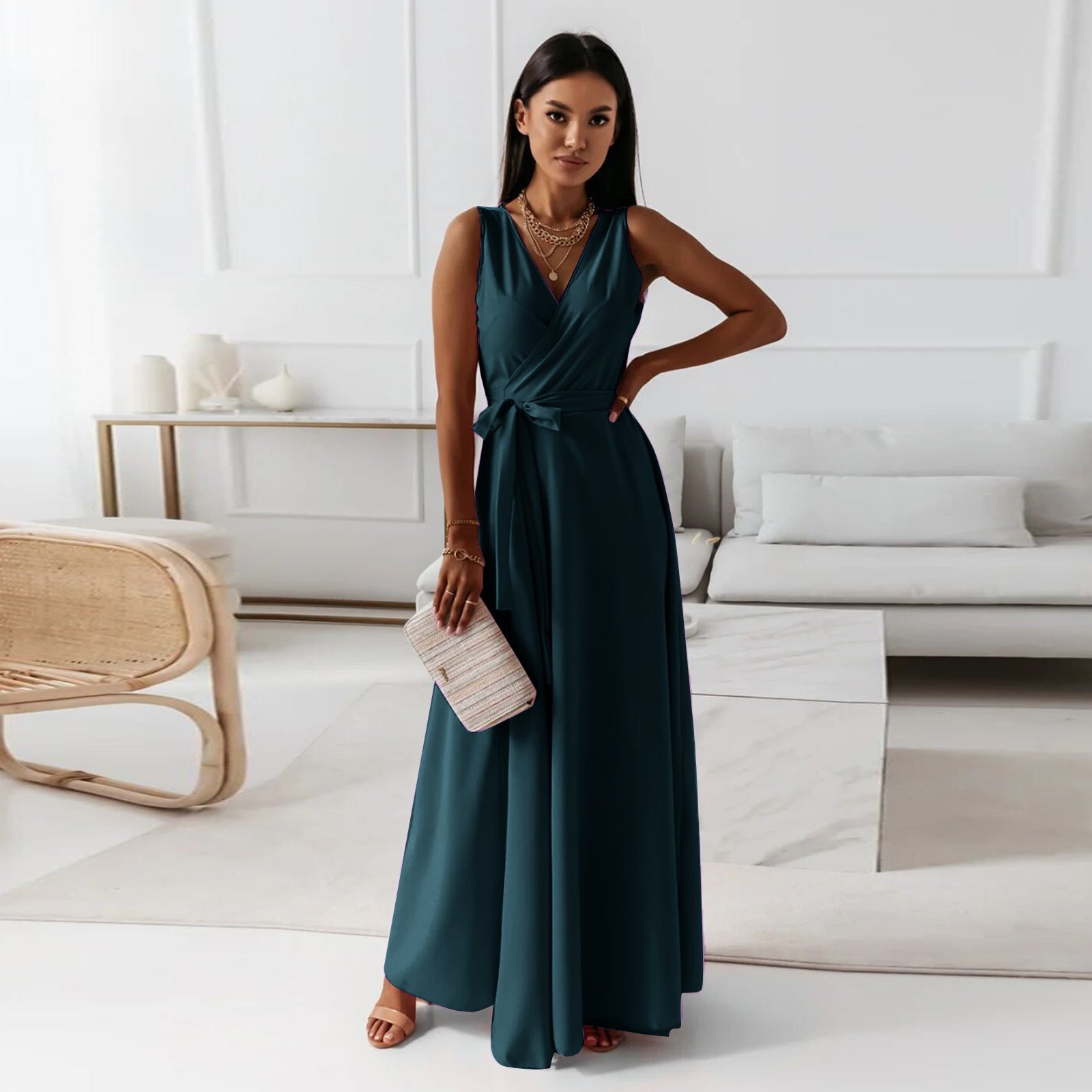Anita Chic Women's Solid V Neck Long Dress Statement Occasion Edit