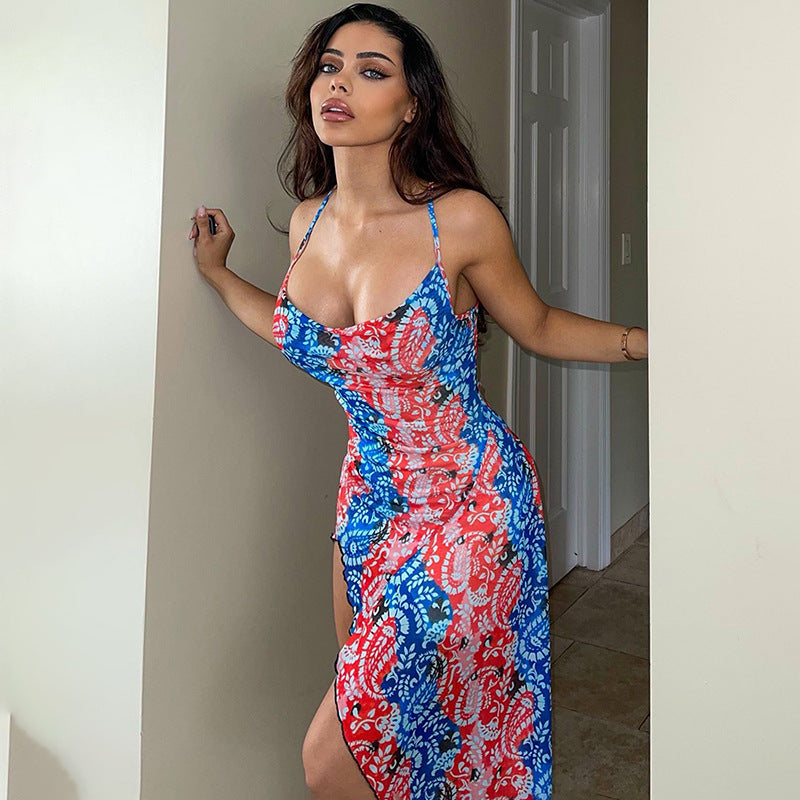 Elena Exclusive Women's Asymmetrical Summer Dress with Floral Pattern and Spaghetti Straps Boutique Collection
