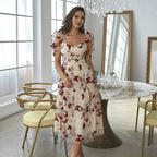 Embroidered Printed Waist off - Shoulder Dress Low - Cut Mesh Large Organza