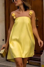 Women's new suspender satin dress INS casual loose vacation elegant yellow rose dress