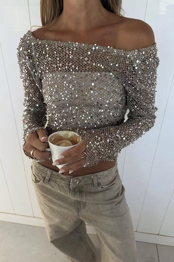 Fashionable Sequined Fishnet Casual Long-sleeved Top