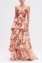 Ariae Butterfly Print Multi-layered Ruffles Backless Tie-up Maxi Dress