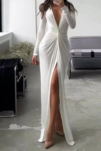 Sexy Slit V Neck Long Sleeve Bodycon Pleated Dress