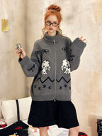 Oversized Zip-Up Sweater with Puppy Print