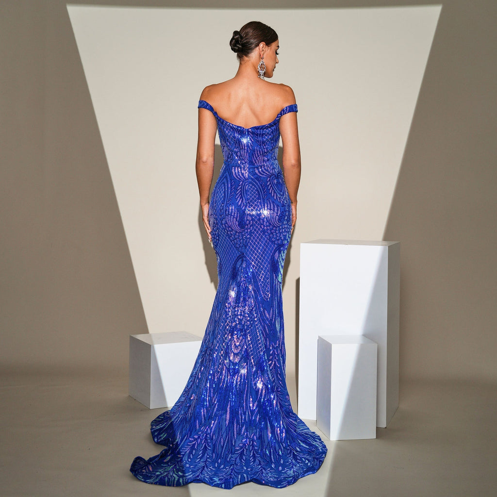 Boat Neck Sequined Slit Evening Gown Dress