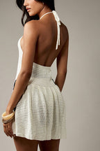 Fashionable Openwork Knit Halter Neck Backless Cover-up Mini Dress