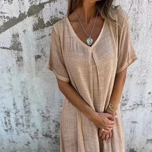Jimena Minimalist Cotton Linen Dress with V Neck Elevated Occasion Wear