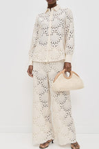 Lillah Embroidered Lace Shell Pattern Elastic Waist Pocket Wide Leg Pants