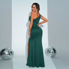 Sleeveless Elegant Diagonal Collar One Shoulder Waist Tight Feather Hip Wrapped Dress Evening