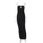 V neck Back Slim Pleated Solid Color Dress