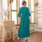 Round Neck Pleated Short Sleeve Mid Sleeve High Waist Dress Simple Dress