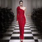 Christmas Red Three Dimensional One Shoulder Floral Sequin Formal Dress Stretch Dress Winter
