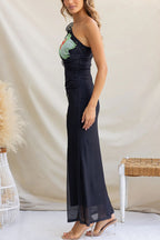 Floral Print One-shoulder Fitted Mesh Maxi Dress