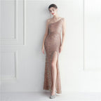 Craft Beaded Single Shoulder Suspender Sheath Split Leg Exposed Nightclub Evening Dress Dress