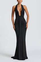 Solid Color Elegant Halterneck V-neck Open Back Tie Gathered Maxi Dress