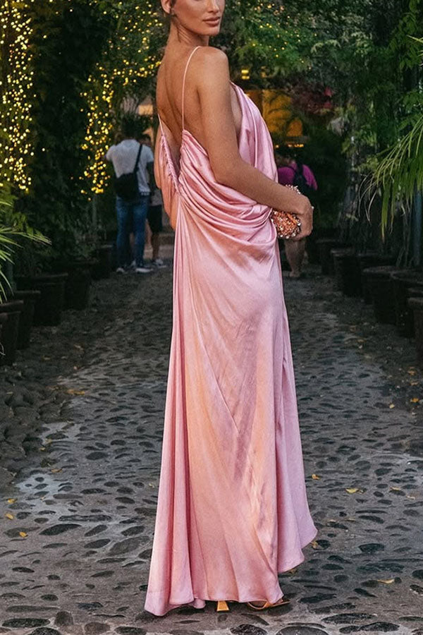 Venus Satin V-neck Draped Pleated Slip Loose Maxi Dress