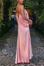 Venus Satin V-neck Draped Pleated Slip Loose Maxi Dress