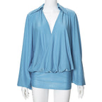 Solid Color Low Neck Stitching Casual All Matching Dress