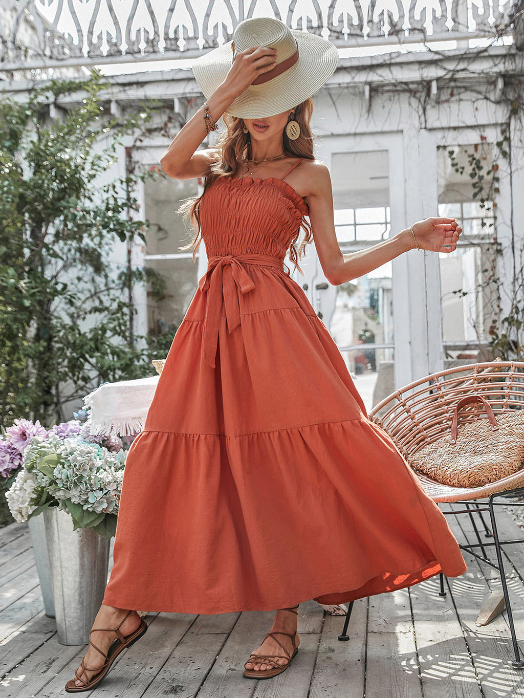 Free Falling Strapless Tiered Maxi Dress Papaya
