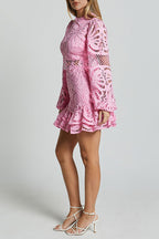 Solid Color Hollow Long-sleeved Waisted Lace Mini Dress
