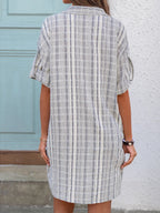 Hayden Linen Blend Striped Button Down Dress Off White Black