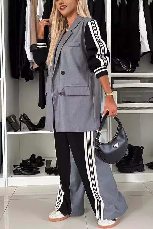 Consonak elegant double breasted autumn and winter women's loose long sleeved set fashionable color blocked straight leg pants set