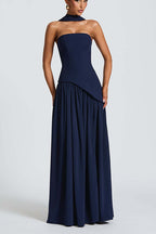 consonak Strapless Back Lace-up High Slit Splice Maxi Dress