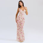 Floral Print Deep V-Neck Fitted Party Dress