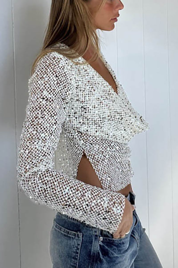 Fashionable Sequined Fishnet Casual Long-sleeved Top