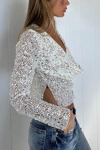 Fashionable Sequined Fishnet Casual Long-sleeved Top