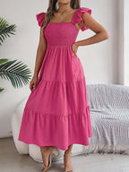 Ruffle Off The Shoulder Embroidered Floral Tiered Maxi Dress - Rose
