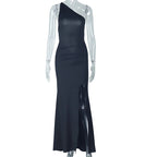 Elegant Backless Lace up Hip Dress Diagonal Collar Pleated Tube Top Solid Color Length Dress
