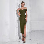 Heart Liver off Shoulder Tube Top Dress Side Slit Midi Dress Bandage Dinner Dress