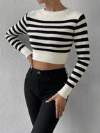 Striped Cropped Crewneck Sexy Knit Sweater