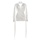 Autumn Winter Women Solid Color Sexy Hollow Out Cutout Long Sleeved Deep V Plunge neck Cross Stitching Hip Dress