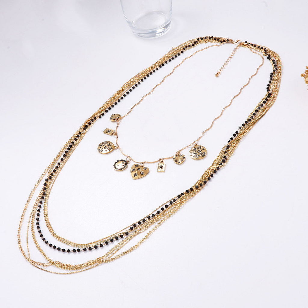 Layered Bead Chain Geometric Charm Statement Necklace