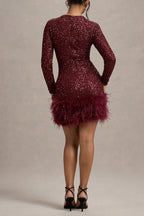 Party Must-have Sequin Long Sleeve Feather Trim Stretch Mini Dress