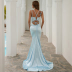Party Formal Cocktail V - neck Shoulder Strap Back Strap Fishtail Dress Solid Color Backless Small Trailing Dress for