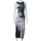 Contrast print sleeveless crewneck slit midi dress