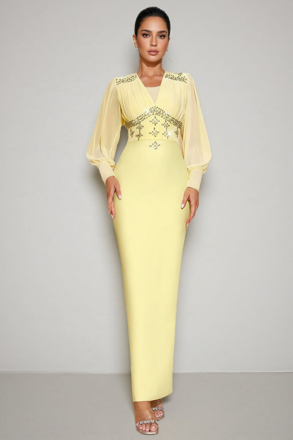 Euopa Yellow Rhinestone Maxi Dress
