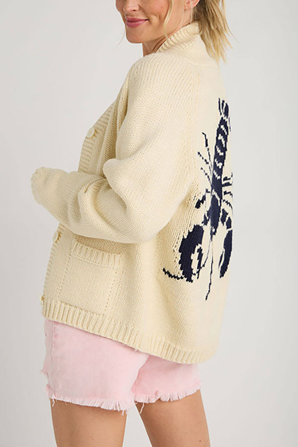 Fashion Lobster Pattern Casual Long Sleeve Knit Cardigan