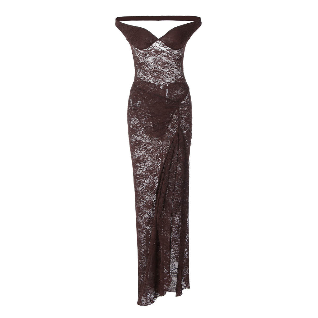 Autumn Sexy Stitching Ring Shoulder Backless Bodysuit See through Lace Split Long Skirt Set for Women