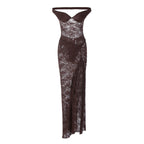 Autumn Sexy Stitching Ring Shoulder Backless Bodysuit See through Lace Split Long Skirt Set for Women