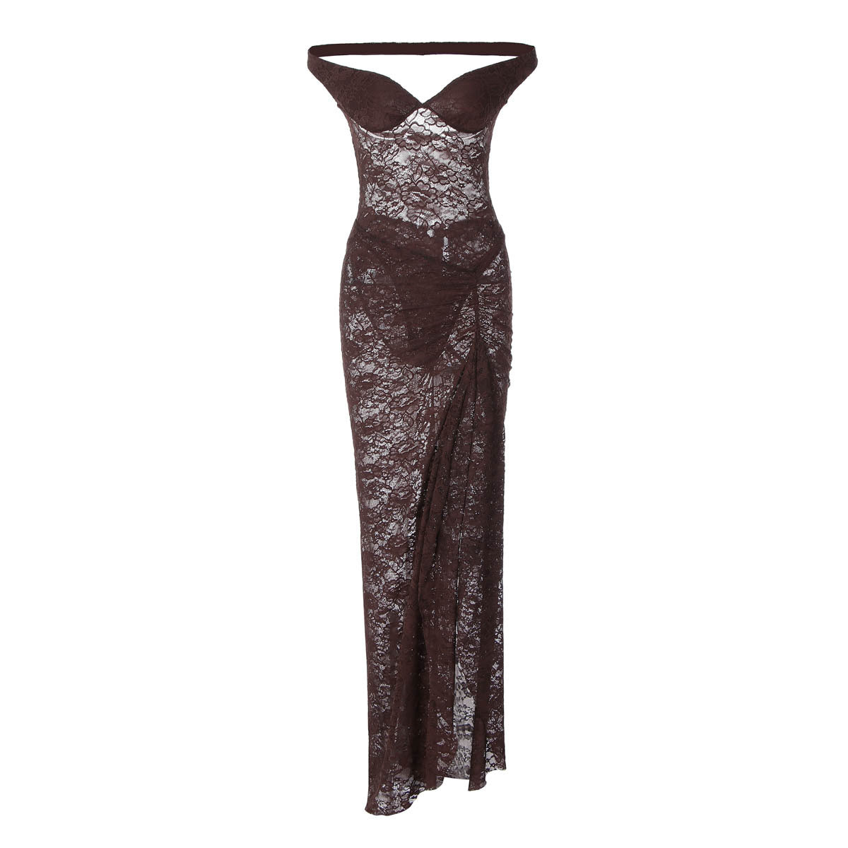 Autumn Sexy Stitching Ring Shoulder Backless Bodysuit See through Lace Split Long Skirt Set for Women