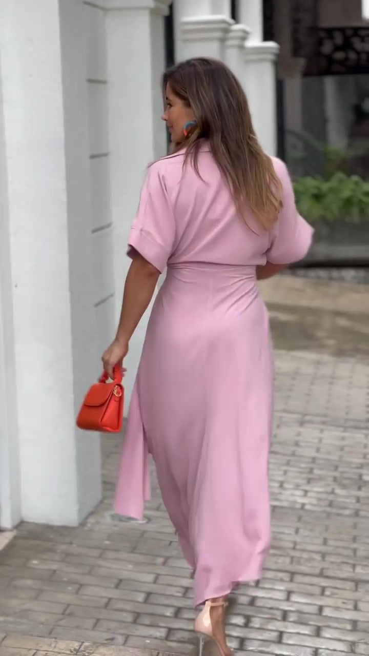 Essence Satin Tie Front Midi Shirt Dress Lavender