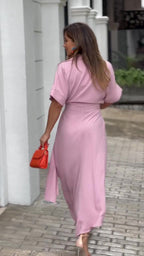 Essence Satin Tie Front Midi Shirt Dress Lavender