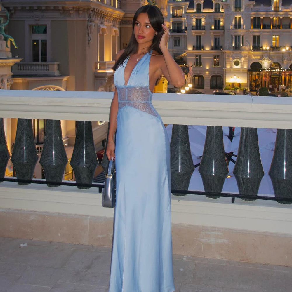 Dinner Elegant Lace - Paneled Halter Maxi Dress
